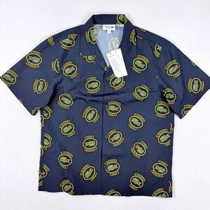 Lacoste Golf All Over Logo Camp Shirt Size L Mens Navy/Green NEW
